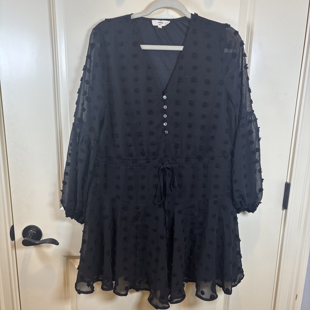 Entro Swiss Dot Black Mini Lined V-Neck Dress Size Medium Whimsigoth Fairy